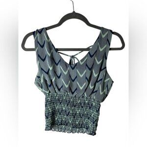 Papaya Women’s Smocked Crop Top Medium Blue Green Chevron Print Sleeveless